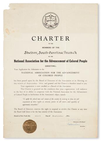 (CIVIL RIGHTS.) NAACP. Charter. To the Members of the Shelton, South Carolina Branch of the National Association for the Advancement of